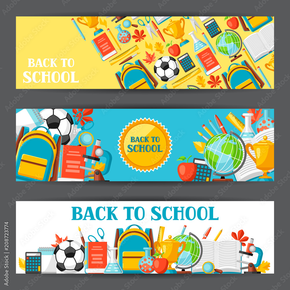 Fototapeta premium Back to school banners with education items.
