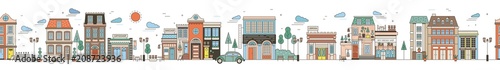Seamless horizontal urban landscape with city street. Cityscape with beautiful buildings, residential houses, shops, park, driving car. Modern colorful vector illustration in line art style.