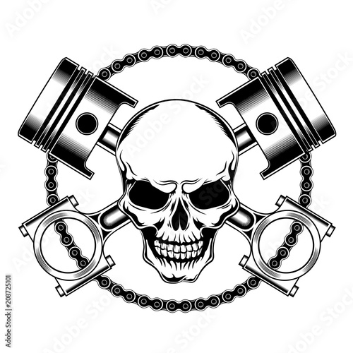 Skull with pistons and chain