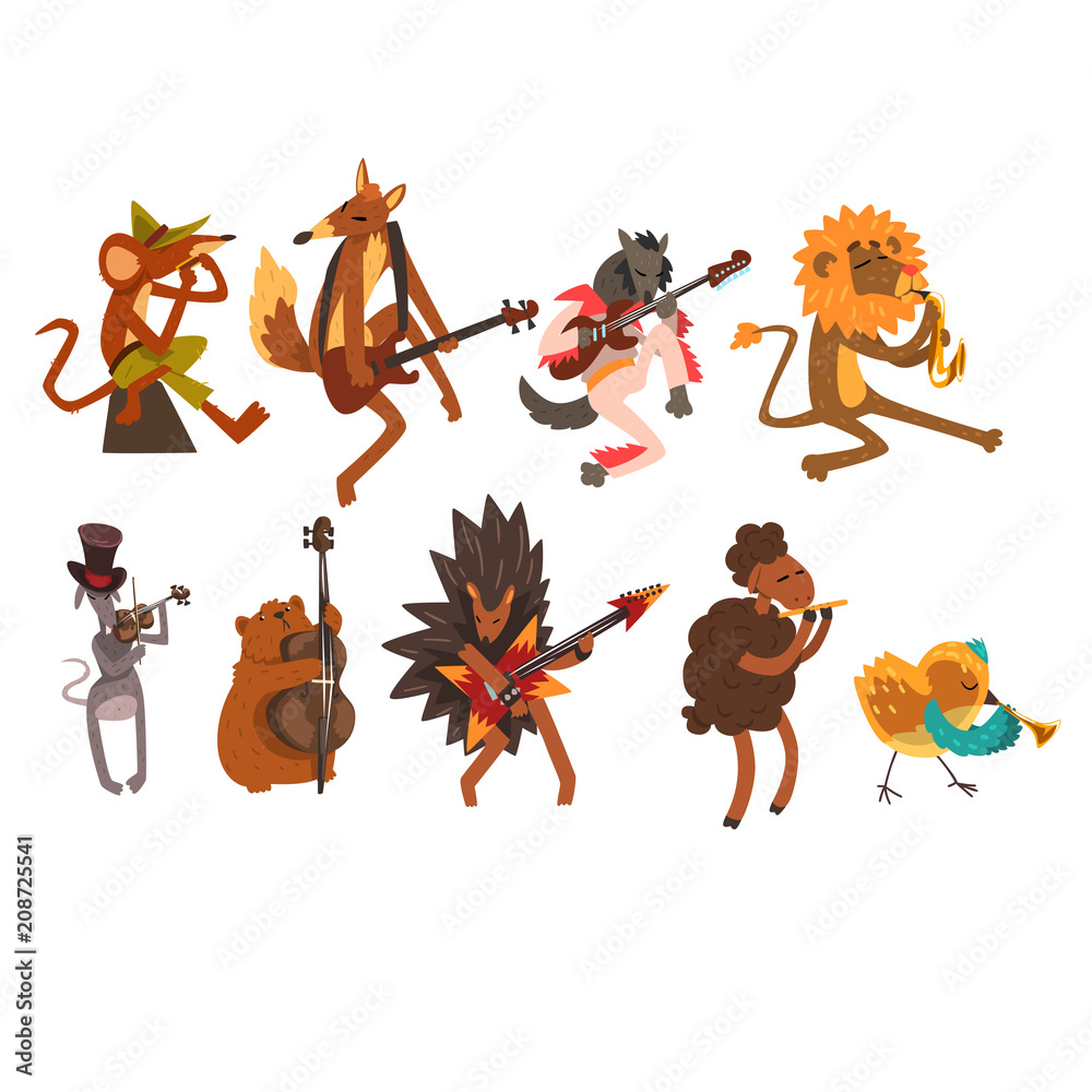 Funny cartoon wild animal characters playing various musical instruments  vector Illustrations on a white background Stock Vector | Adobe Stock
