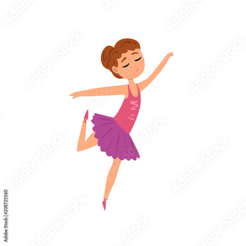 Ballerina character in purple tutu dress dancing cartoon vector Illustration on a white background