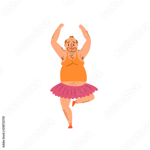 Funny fat man dancing in tutu dress cartoon vector Illustration on a white background