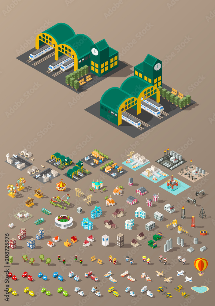 Build Your Own City . Set of Isolated Minimal City Vector Elements on Dark Background