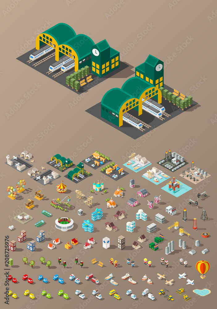 Fototapeta premium Build Your Own City . Set of Isolated Minimal City Vector Elements on Dark Background