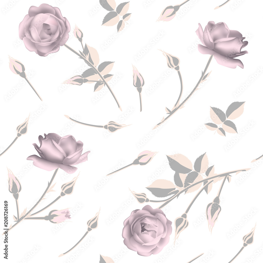 Roses. Flowers. Seamless pattern. Floral background. Buds. Leaves.