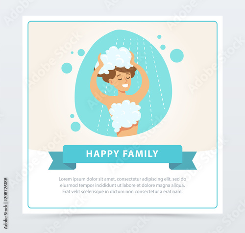 Young woman washing her head with shampoo, daily routine hygiene procedure, happy family banner flat vector ilustration, element for website or mobile app