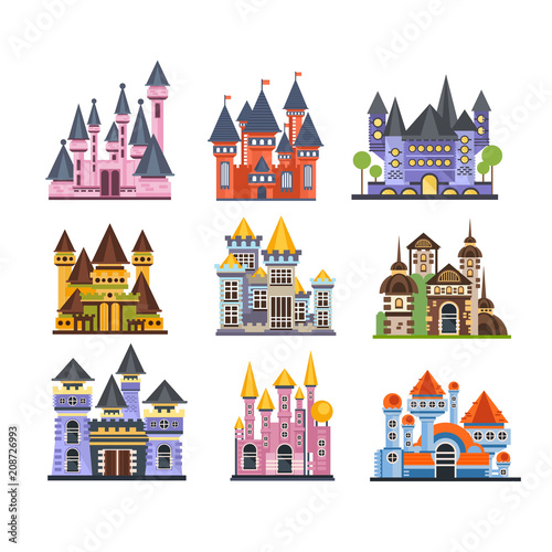 Castles and fortresses set, fairy medieval buildings vector Illustrations on a white background
