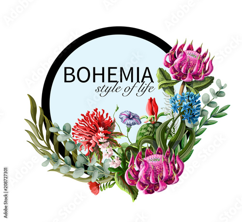 print for t-shirt with tropical flowers and slogan. Vector illustration. 