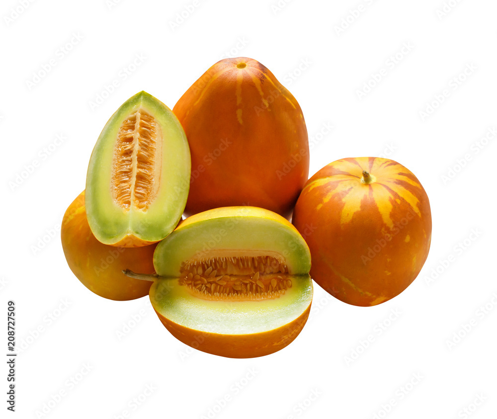 Muskmelons (or Mush melons)- same family with Honeydew & Cantaloupe isolated on white background Muskmelons (or Mush melons)- same family with Honeydew & Cantaloupe isolated on white background