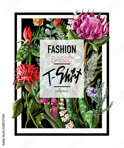 Print for t-shirt with tropical flowers and typographical slogan. Vector illustration.