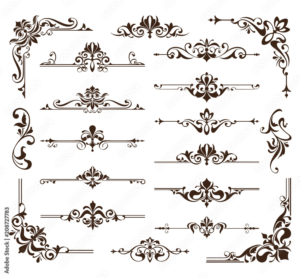 Vintage design elements ornaments frame corners curbs retro stickers and damask vector set illustration white background