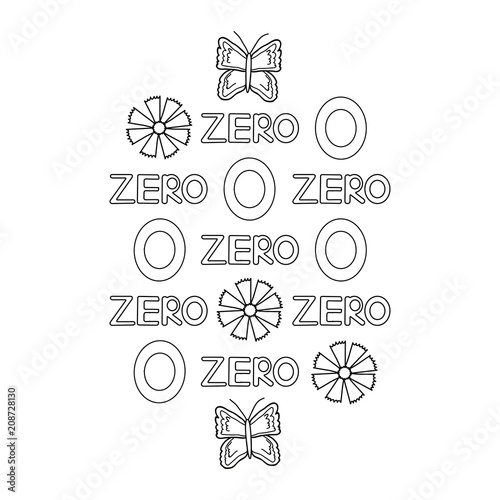 Numeral and word zero, butterfly, flowers. Coloring page.