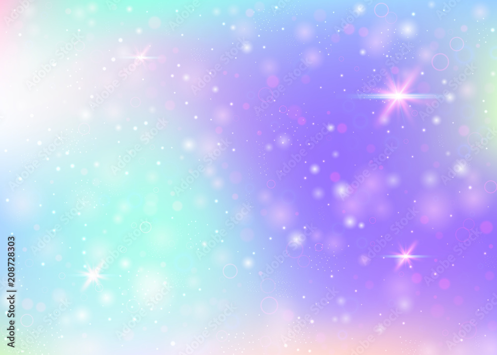 Naklejka premium Magic background with rainbow mesh. Trendy universe banner in princess colors. Fantasy gradient backdrop with hologram. Holographic magic background with fairy sparkles, stars and blurs.
