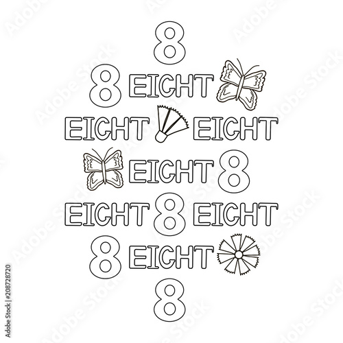Numeral and word eight, butterfly, flowers. Coloring page.