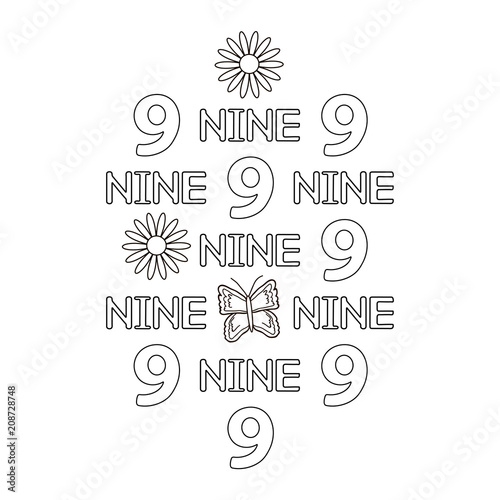 Numeral and word nine, butterfly, flowers. Coloring page.
