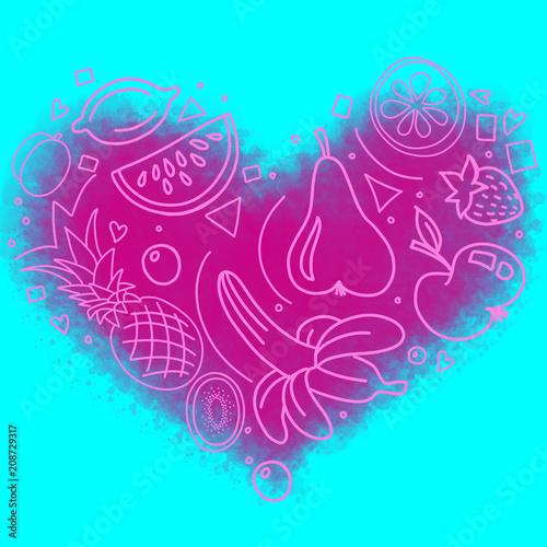 illustration of heart of different pink fruits on cyan backdrop