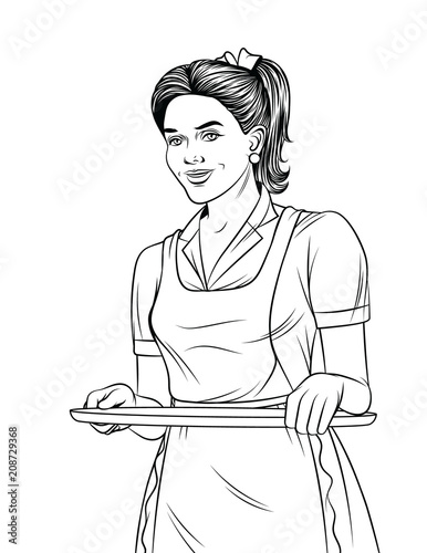 Vector black and white line art illustration of a beautiful waitress with a tray food. Young girl in apron serving a order