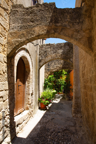 Medieval alley in Rhodes Town  Rhodes Island  Mediterranean Sea  Greece
