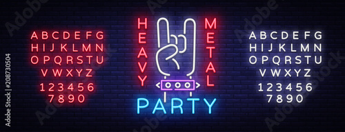 Heavy Metal Party Neon Sign Vector. Rock music logo, night neon signboard, design element invitation to Rock party, concert, festival, night advertising, light banner. Vector. Editing text neon sign
