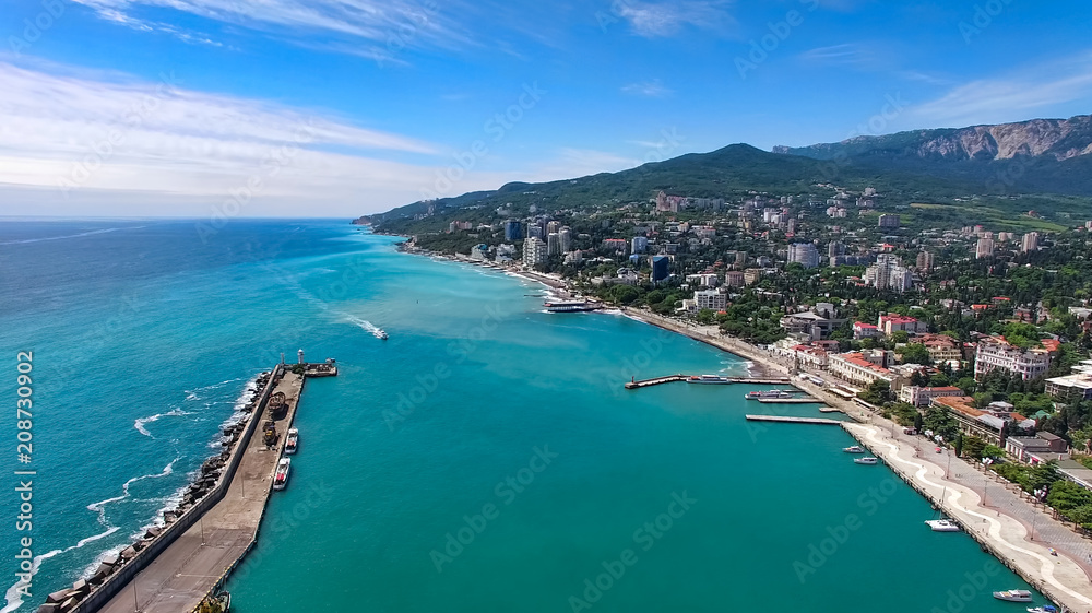 Aerial view of the urban landscape of Yalta on a Sunny day.