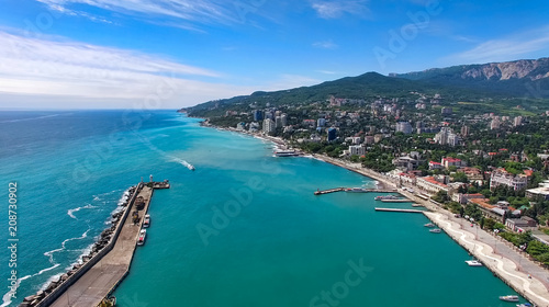 Aerial view of the urban landscape of Yalta on a Sunny day.