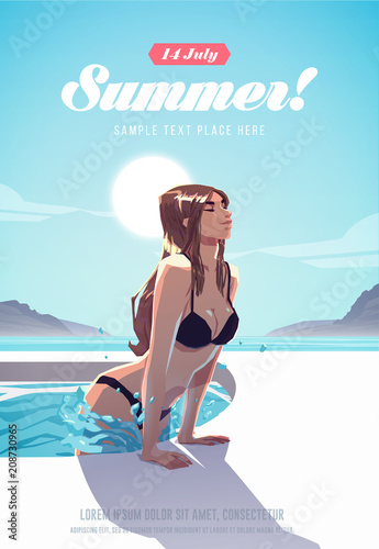 Girl relaxing in the swimming pool. Summer vacation poster or flyer