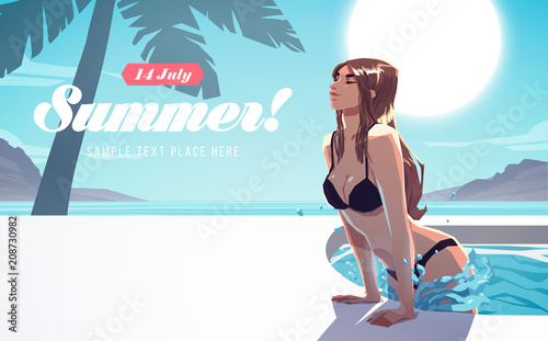 Girl relaxing in the swimming pool. Summer vacation poster or flyer