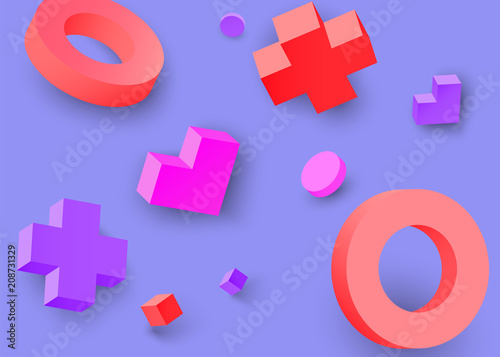 Purple background with colour 3d geometric figures.