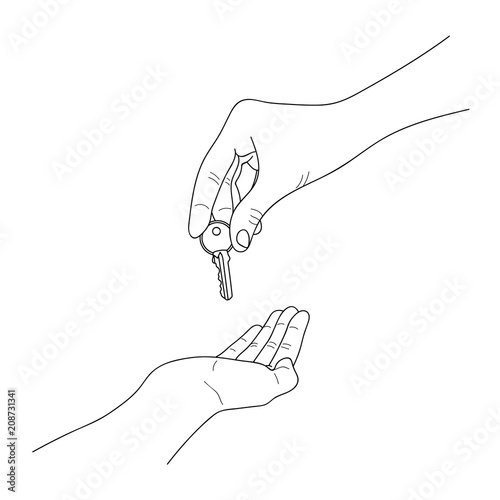 Hand giving a key.  Handing over a key from one person to another. Purchase concept. Line drawing. Vector illustration.