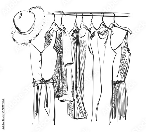 Wardrobe sketch. Clothes on the hangers. Summer dress and hat