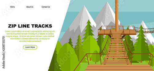 Zip Line aerial runway web banner concept, vector illustration. Flat trees, forest landscape, wooden playground and mountains landscape. Ziplining activity for the family in summer time.