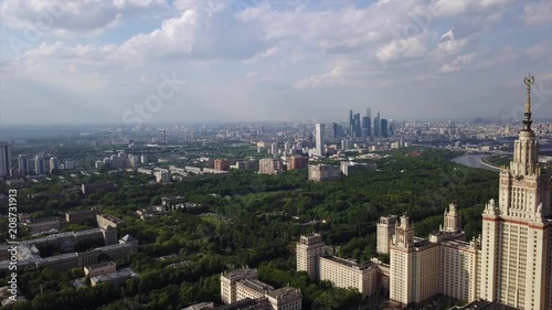 sunny day moscow cityscape famous university complex and modern city aerial panorama 4k russia
