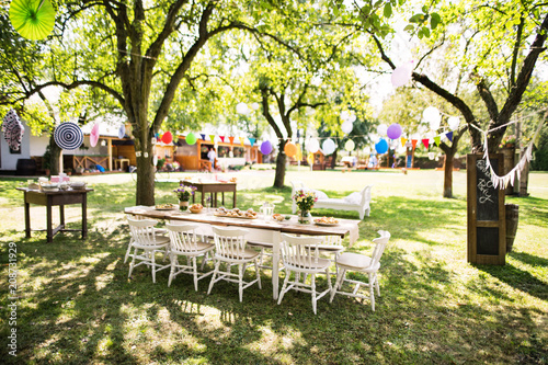 Table set for a garden party or celebration outside.