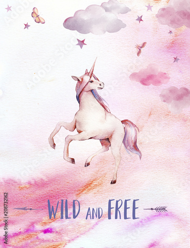Wild and free. Watercolor unicorn poster. Hand painted fairytale illustration with fantasy animal, moon, clouds, stars on white background. Cartoon baby art