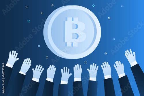 Concept of Crypto currency. Hands reach for bitcoin