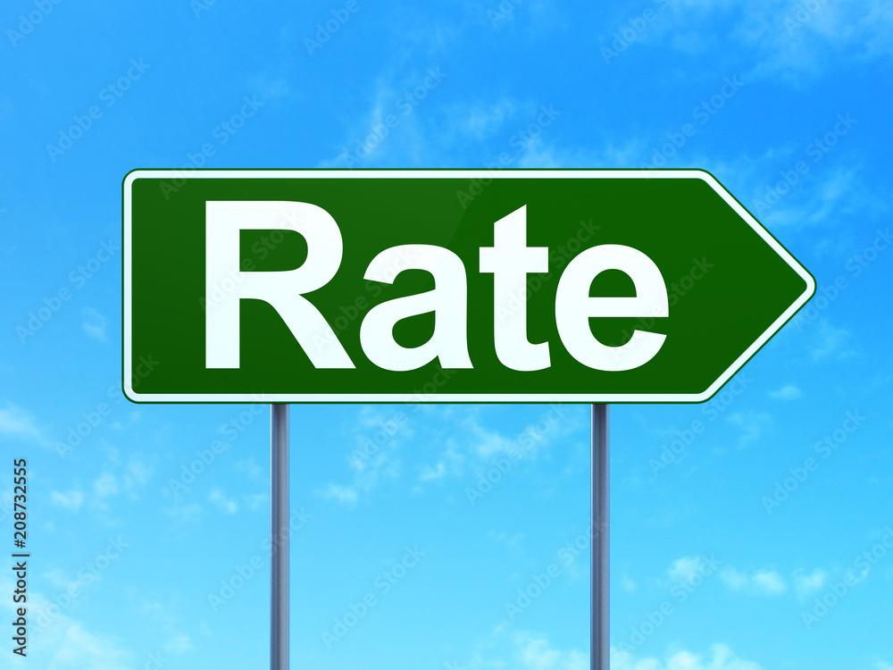 Banking concept: Rate on green road highway sign, clear blue sky background, 3D rendering Banking concept: Rate on green road highway sign, clear blue sky background, 3D rendering