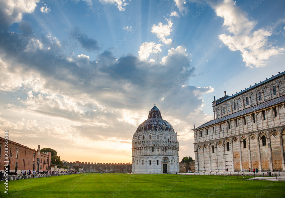 Dramatic sunset over the Piazza dei Miracoli or Piazza del Duomo in Pisa Tuscany Italy