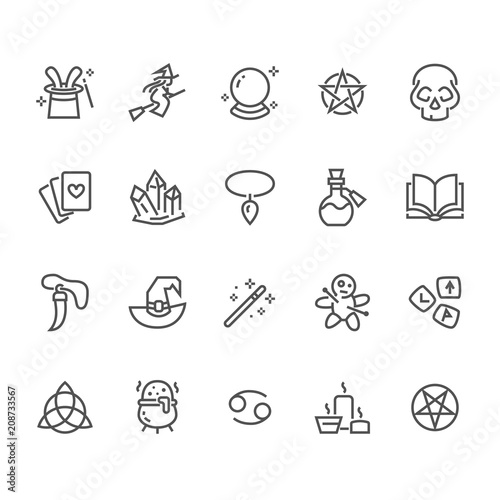 Magic flat line icons. Witch flying flying on broomstick, fortune teller, magician, wizard wand illustration. Wicca, voodoo. Thin signs for witchcraft store. Pixel perfect 48x48. Editable Strokes.