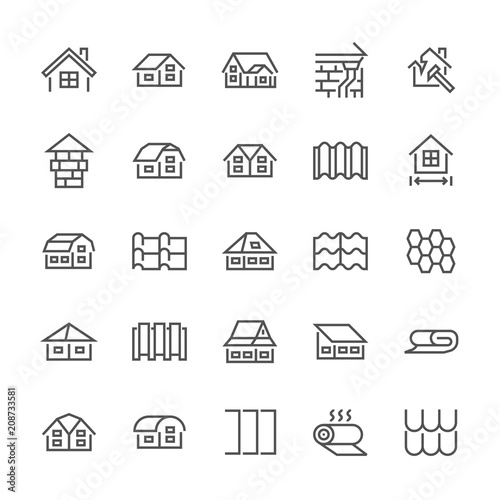 Roofing flat line icons. House construction, roofs sheathing varieties, tile, chimney, insulation architecture illustrations. Thin signs for repair service. Pixel perfect 48x48. Editable Strokes.