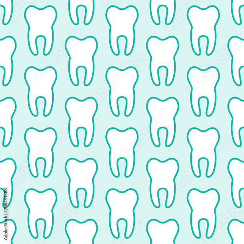 Dentist, orthodontics blue white seamless pattern with tooth line icons. Dental treatment. Health care, cute medical background for dentistry clinic.