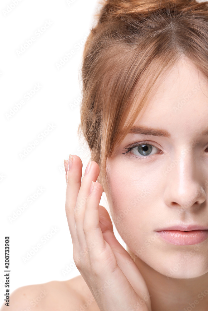 Beautiful young woman with silky skin on white background Beautiful young woman with silky skin on white background