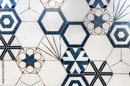 Hexagonal colorful modern bathroom, toilette or kitchen ceramic tiles wall. © _jure