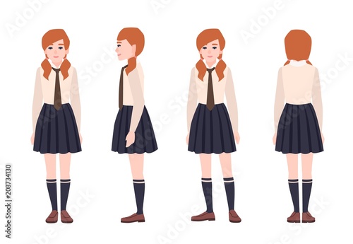 Young redhead girl dressed in school uniform. Female student or pupil wearing formal clothes. Flat cartoon character isolated on white background. Front, side and back views. Vector illustration.