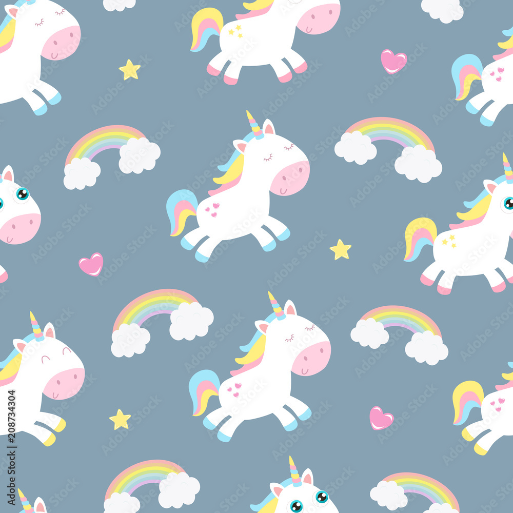 Fototapeta premium Cute unicorn seamless background. Flat design.