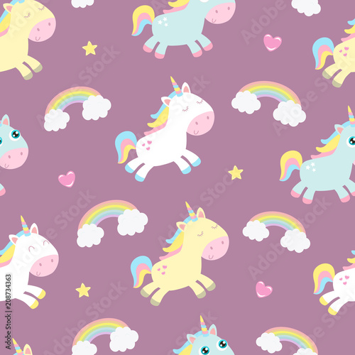 Cute unicorn seamless background. Flat design.