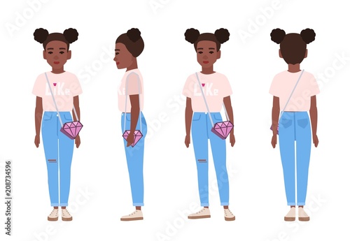 African American teenage girl or teenager wearing blue ragged jeans, pink t-shirt and sneakers. Flat cartoon character isolated on white background. Front, side and back views. Vector illustration.