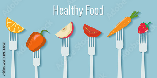 Vegetables and fruits on forks. Healthy food vector illustration.