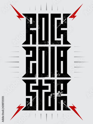 Rockstar 2018 - music poster with red lightnings and stars. Rock Star - t-shirt design. T-shirt apparels cool print.