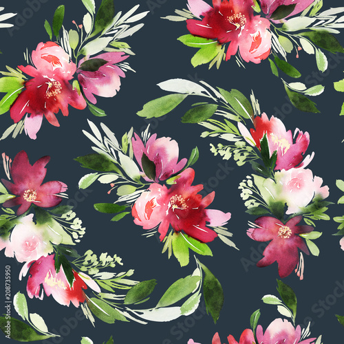 Seamless summer pattern with watercolor flowers handmade.