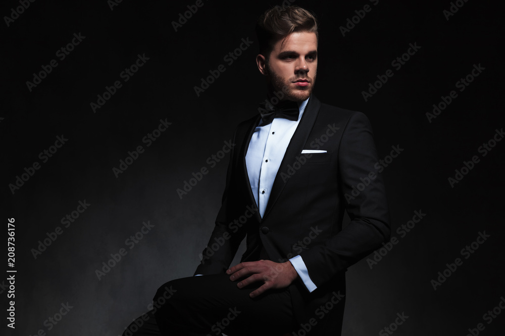 portrait of seated elegant man in tuxedo looking to side portrait of seated elegant man in tuxedo looking to side